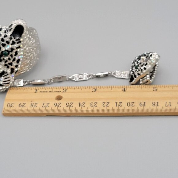 Large Leopard Head Rhinestone Bracelet Stretch Ring Set Hinged Green Crystal Eye - Picture 8 of 12
